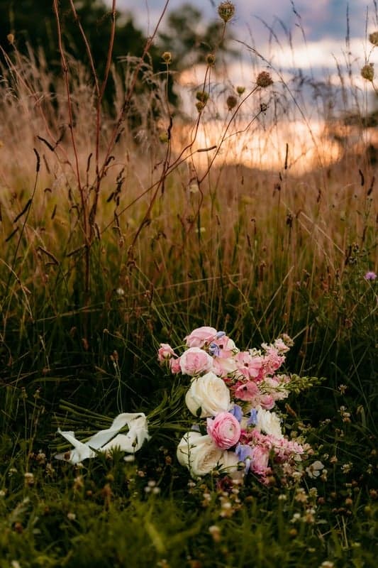 A bouquet resting in a field at sunset